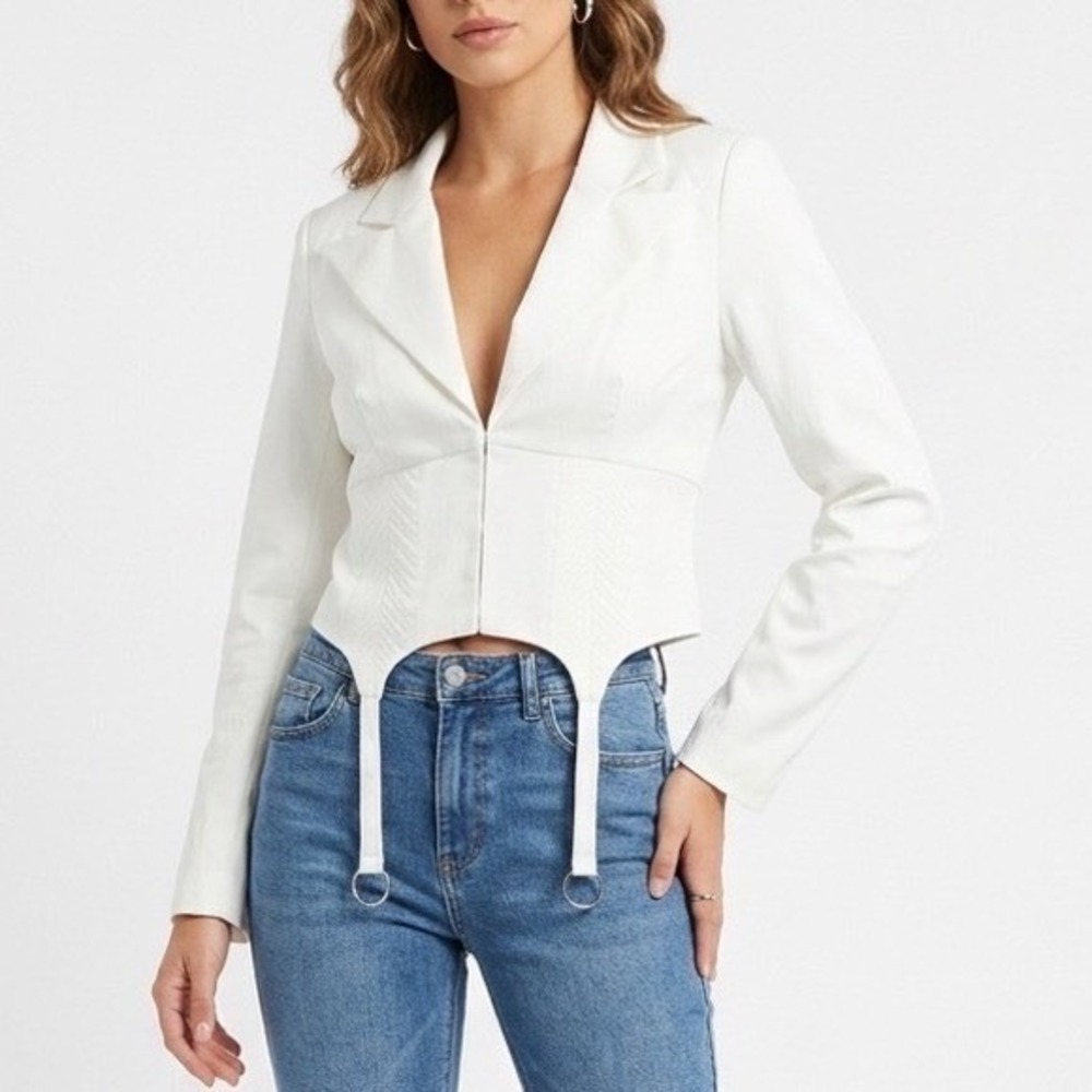 Naked Wardrobe The Statement Corset Crop Blazer Womens Small White Long Sleeve